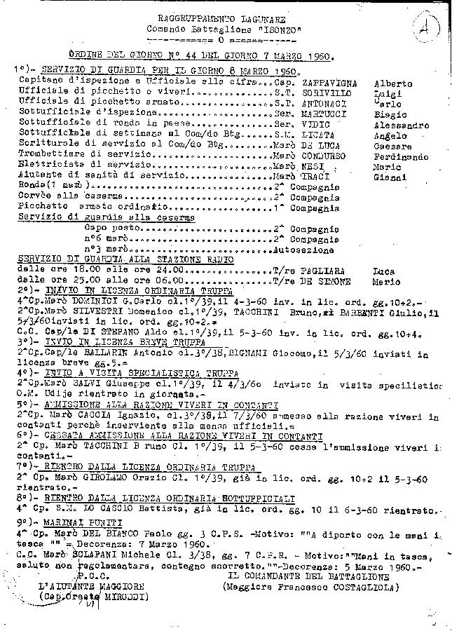 Ordine del giorno del Btg. Isonzo - Rgp.Lagunare del 07.03.1960